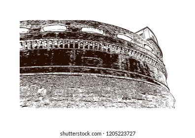 The Mausoleum of Hadrian, usually known as Castel Sant'Angelo, is a towering cylindrical building in Parco Adriano, Rome, Italy. Hand drawn sketch illustration in vector.