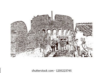 The Mausoleum of Hadrian, usually known as Castel Sant'Angelo, is a towering cylindrical building in Parco Adriano, Rome, Italy. Hand drawn sketch illustration in vector.