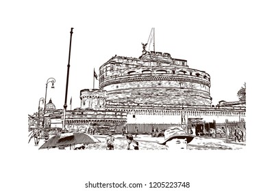 The Mausoleum of Hadrian, usually known as Castel Sant'Angelo, is a towering cylindrical building in Parco Adriano, Rome, Italy. Hand drawn sketch illustration in vector.