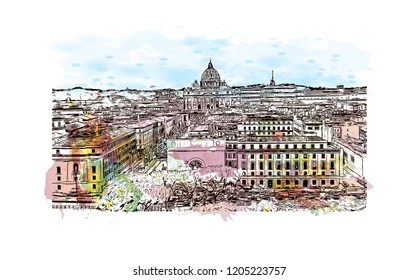 The Mausoleum of Hadrian, usually known as Castel Sant'Angelo, is a towering cylindrical building in Parco Adriano, Rome, Italy. Watercolor splash with Hand drawn sketch illustration in vector.