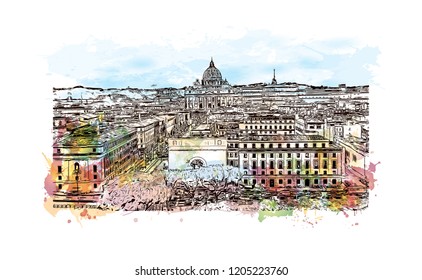 The Mausoleum of Hadrian, usually known as Castel Sant'Angelo, is a towering cylindrical building in Parco Adriano, Rome, Italy. Watercolor splash with Hand drawn sketch illustration in vector.