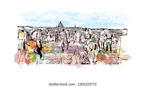 The Mausoleum of Hadrian, usually known as Castel Sant'Angelo, is a towering cylindrical building in Parco Adriano, Rome, Italy. Watercolor splash with Hand drawn sketch illustration in vector.