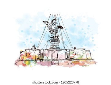 The Mausoleum of Hadrian, usually known as Castel Sant'Angelo, is a towering cylindrical building in Parco Adriano, Rome, Italy. Watercolor splash with Hand drawn sketch illustration in vector.