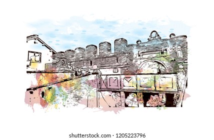 The Mausoleum of Hadrian, usually known as Castel Sant'Angelo, is a towering cylindrical building in Parco Adriano, Rome, Italy. Watercolor splash with Hand drawn sketch illustration in vector.