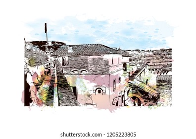 The Mausoleum of Hadrian, usually known as Castel Sant'Angelo, is a towering cylindrical building in Parco Adriano, Rome, Italy. Watercolor splash with Hand drawn sketch illustration in vector.