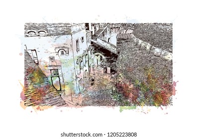 The Mausoleum of Hadrian, usually known as Castel Sant'Angelo, is a towering cylindrical building in Parco Adriano, Rome, Italy. Watercolor splash with Hand drawn sketch illustration in vector.