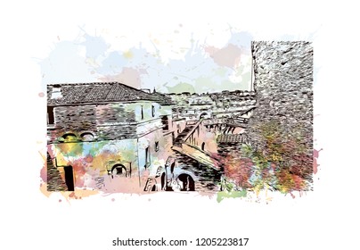 The Mausoleum of Hadrian, usually known as Castel Sant'Angelo, is a towering cylindrical building in Parco Adriano, Rome, Italy. Watercolor splash with Hand drawn sketch illustration in vector.