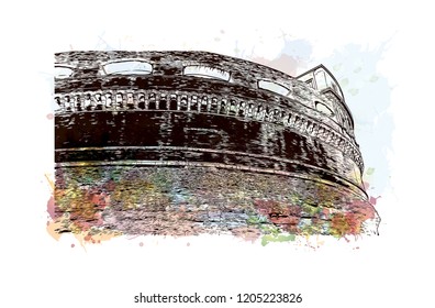 The Mausoleum of Hadrian, usually known as Castel Sant'Angelo, is a towering cylindrical building in Parco Adriano, Rome, Italy. Watercolor splash with Hand drawn sketch illustration in vector.