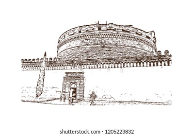 The Mausoleum of Hadrian, usually known as Castel Sant'Angelo, is a towering cylindrical building in Parco Adriano, Rome, Italy. Hand drawn sketch illustration in vector.