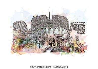 The Mausoleum of Hadrian, usually known as Castel Sant'Angelo, is a towering cylindrical building in Parco Adriano, Rome, Italy. Watercolor splash with Hand drawn sketch illustration in vector.