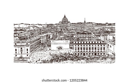 The Mausoleum of Hadrian, usually known as Castel Sant'Angelo, is a towering cylindrical building in Parco Adriano, Rome, Italy. Hand drawn sketch illustration in vector.