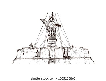 The Mausoleum of Hadrian, usually known as Castel Sant'Angelo, is a towering cylindrical building in Parco Adriano, Rome, Italy. Hand drawn sketch illustration in vector.