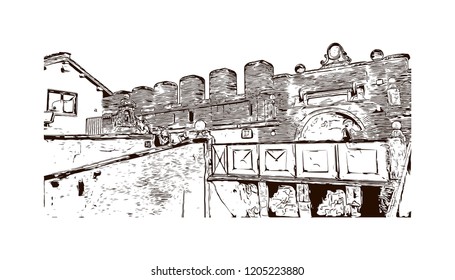 The Mausoleum of Hadrian, usually known as Castel Sant'Angelo, is a towering cylindrical building in Parco Adriano, Rome, Italy. Hand drawn sketch illustration in vector.