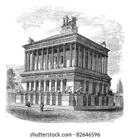 Mausoleum at Halicarnassus or Tomb of Mausolus vintage engraving. Old engraved illustration of Mausoleum at Halicarnassus during 1890s. Trousset encyclopedia (1886 - 1891).