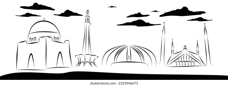 Mausoleum of Quaid-e-Azam , Pakistan Monument , Faisal Mosque , Minar e Pakistan vector design banner and  14 august Pakistan independence day Banner