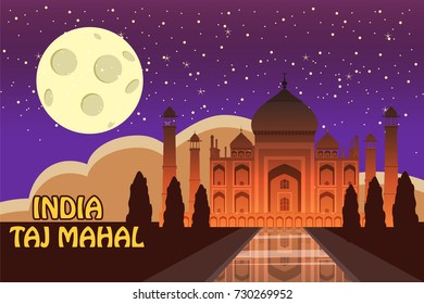 Mausoleum of Taj Mahal in Agra, India, historical view, night moon, vista attraction, religion, cartoon style, vector, illustration