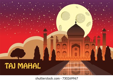 Mausoleum of Taj Mahal in Agra, India, historical view, night moon, vista attraction, religion, cartoon style, vector, illustration