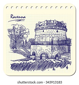 Mausoleum of Theodoric in Ravenna. Sketch imitating ink pen scribbling in a notepad. EPS10 vector illustration.