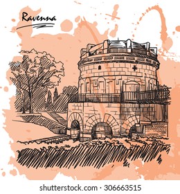 Mausoleum of Theodoric in Ravenna. Sketch style drawing imitating ink pen drawing with a grunge background on a separate layer. EPS10 vector illustration.
