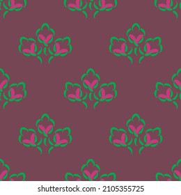 Fondo malva con flores y corazones rosa y verde limón. Ilustración vectorial. Patrón repetido y sin fisuras.