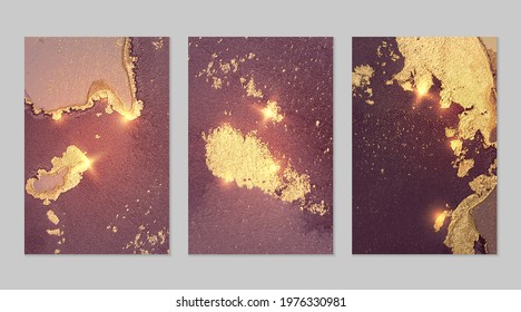 Mauve, burgundy and gold pattern with texture of geode and sparkles. Abstract vector background in alcohol ink technique. Modern paint with glitter. Set of backdrops for banner, poster design