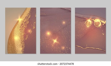 Mauve and gold pattern with texture of geode and sparkles. Abstract vector background in alcohol ink technique. Modern paint with glitter. Set of backdrops for banner, poster design. Fluid art
