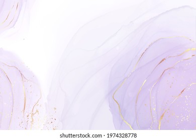 Mauve liquid watercolor background with golden glitter splash. Pastel violet marble alcohol ink drawing effect. Vector illustration of abstract stylish fluid art amethyst backdrop.