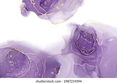 Fondo acuático líquido malva con líneas de brillo dorado  Efecto de la tintas de alcohol de mármol violeta pastel  Ilustración vectorial del arte fluido y estilizado abstracto de fondo ametist 