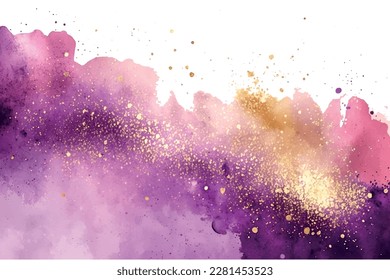 Mauve liquid watercolor background with golden glitter lines. Pastel violet marble alcohol ink drawing effect. Vector illustration of abstract stylish fluid art amethyst backdrop.