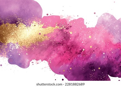 Mauve liquid watercolor background with golden glitter lines. Pastel violet marble alcohol ink drawing effect. Vector illustration of abstract stylish fluid art amethyst backdrop.