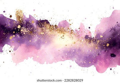 Mauve liquid watercolor background with golden glitter lines. Pastel violet marble alcohol ink drawing effect. Vector illustration of abstract stylish fluid art amethyst backdrop.