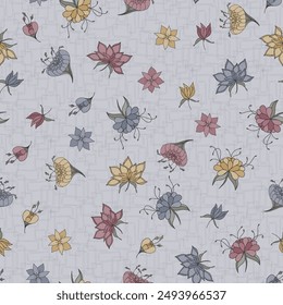 Mauve, Ochre, and Blue Flowers on a Textured Gray Background creating a seamless pattern print background