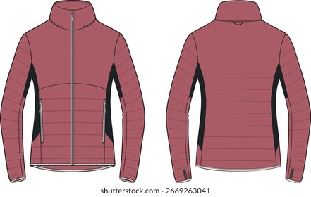 Chaqueta acolchada malva Sketch técnico Vista frontal y trasera .