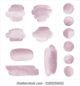 Mauve, Pale Purple Watercolor Brush Strokes Set. Cute Circles, Smudges, Rounded Smears, Oval Watercolour Shapes, Paint Spots, Round Stains. Text Backgrounds, Graphic Design Elements Collection