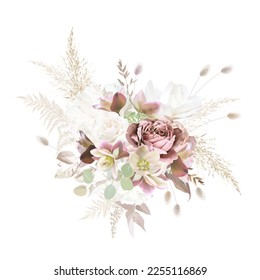 Rosa malva morada, hellebores rosados polvorientos, marrones y verdes, rosa blanca, pasto pampas, plantas secas de diseño vectorial ramo. Matrimonio de la guirnalda floral. Acuarela. Todos los elementos están aislados y se pueden editar