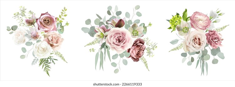 Mauve purple rose, dusty pink lisianthus, serruria, brown and green hellebores, hydrangea, mint eucalyptus, greenery vector design bouquets. Wedding floral garland. Watercolor. Isolated and editable