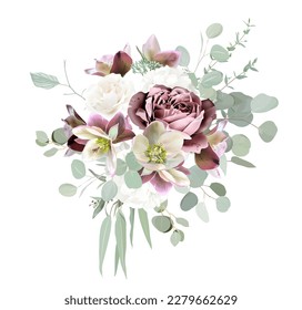 Mauve purple rose, dusty pink, brown and green hellebores, white rose, mint eucalyptus, greenery vector design bouquet. Wedding floral garland. Watercolor. All elements are isolated and editable