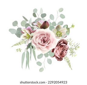 Mauve purple rose, dusty pink lisianthus, serruria, brown and green hellebores, hydrangea, mint eucalyptus, greenery vector design bouquet. Wedding floral garland. Watercolor. Isolated and editable