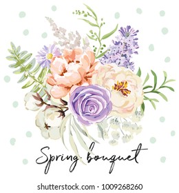 Mauve spring bouquet on the white background. Vector print for tee shirt with delicate flowers. Rose, lilac, peony, cotton. Pastel pink, serenity, green colors.