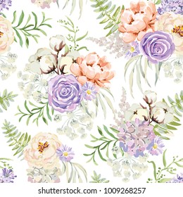 Mauve spring bouquets on the white background. Vector seamless pattern with delicate flowers. Rose, lilac, peony, cotton. Pastel pink, serenity, green colors.