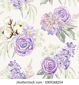 Mauve spring bouquets with roses, lilac, cotton and gray leaves on the light background. Vector seamless pattern with delicate flowers. Cottage garden.