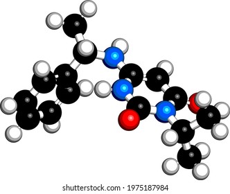 Mavacamten drug molecule. 3D rendering. Atoms are represented as spheres with conventional color coding: hydrogen (white), carbon (black), nitrogen (blue), oxygen (red).