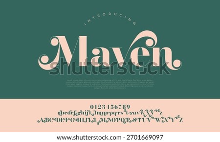Maven alphabet font combines bold serif elegance with artistic swirls, ideal for creative branding, packaging, and editorial projects