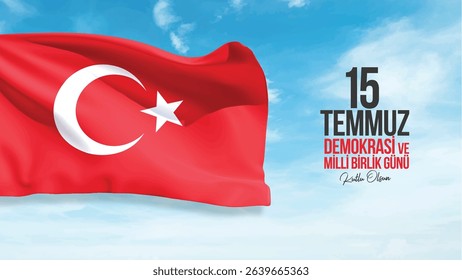 mavi gökyüzünde dalgalanan şanlı türk bayrağı. 15 temmuz demokrasi bayramı. 15 temmuz demokrasi ve milli birlik günü. Turkish flag waving in the sky. Happy July 15 Democracy and National Unity Day