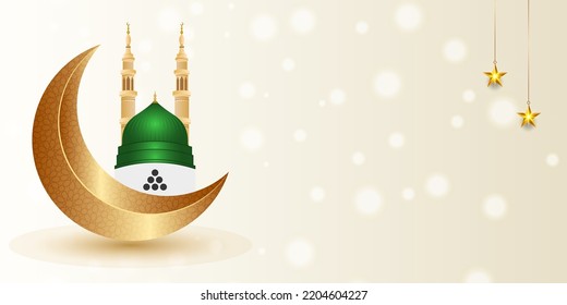 mawlid al nabi or eid milad un nabi with islamic ramadan 3d madina illustration crescent moon greeting card background banner. Translation "Birthday Of Prophet Muhammad"