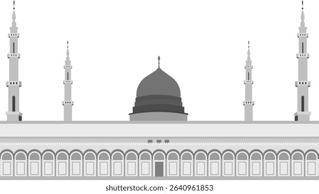 Mawlid al Nabi greeting card with dome and minaret of the Prophet's Mosque in grayscale, Islamic Hijri year, Eid Mubarak - Grand Mosque in Mecca, 