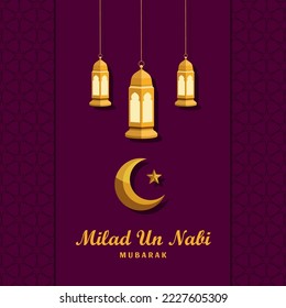Mawlid al nabi islamic greeting card with arabic calligraphy - Translation of arabic text : Prophet Muhammad’s Birthday	