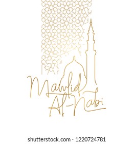 Mawlid al Nabi islamic greting monoline geometric pattern and nabawi mosque illustration