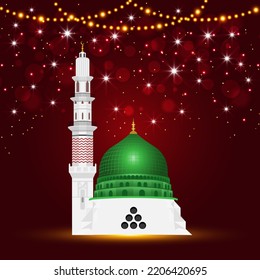 mawlid al nabi or milad un nabi with madina masjid nabawi mosque illustration islamic decoration background banner. Translation "Birthday Of Prophet Muhammad"