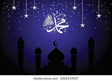 Mawlid al nabi al sharif Arabic calligraphy background elegant blue and black look with silhouette nuances. Text translation: Birthday of the Prophet Muhammad SAW